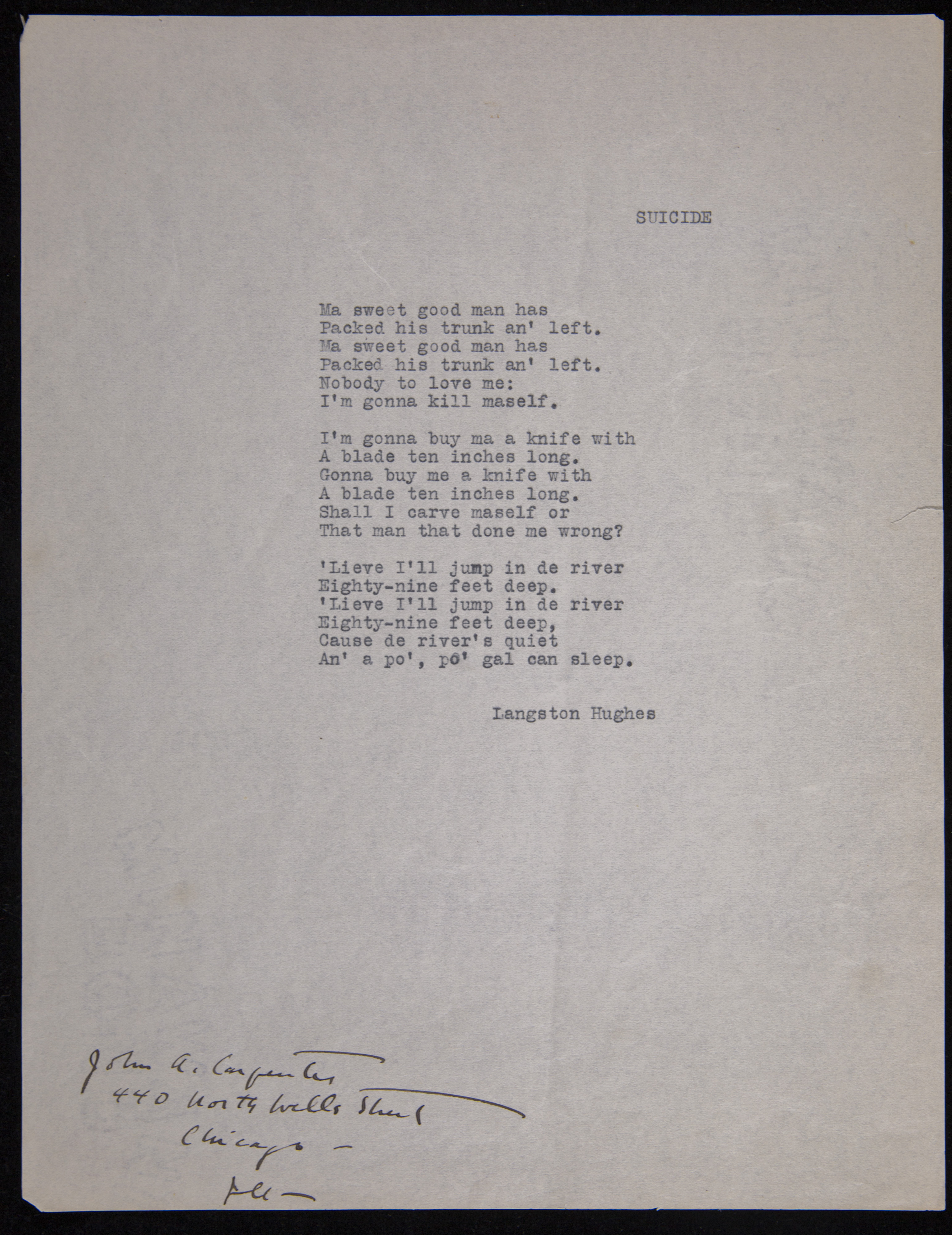 Langston Hughes With Typewritten Poems Nov 1 1926