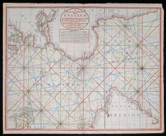 Map of the Atlantic between Africa and Brazil with green, blue, and red rhumb lines across the whole map.