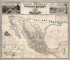 Large map of Mexico assembled digitally from 4 sheets with large vignettes of Mexico either side of the title.