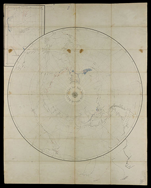 Circular map of the Antarctic with portions printed in black as well as many hand annotations in red and blue.