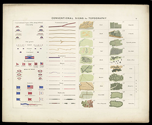 Gridded layout of various lines and patterns showing types of roads and topographical features.