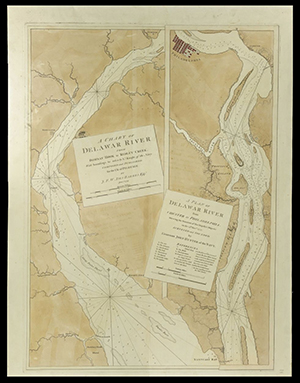 A hydrographic map made to look as if it is made of two maps laid on top of another showing two parts of the Delaware River.