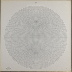 Empty projection with central points reflected about the Equator forming a large circle with interior lines as if falling into these central points.