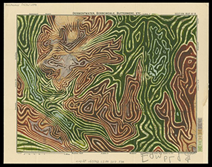 A portrait of a face made on top of a hiker's topographic map. The woman's face is looking in profile to the left in a mix of orange in the foreground and green in the background.