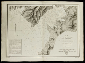 Engraved hydrographic chart of part of the coast of Martinique using a mix of hachure lines and shaded relief.
