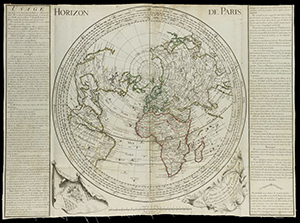 Two columns of text border a world map on a azimuthal projection centered on Paris, hand-colored in red, green, and blue.