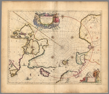 Map centered on the North Pole with a large red circle for the Arctic Circle and a polar bear talking with two men in the lower left corner.