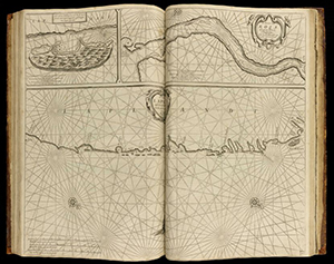 Book opening showing a nautical chart titled Lapland with two insets on the top with details of different areas.