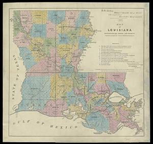 Hand-colored map of Louisana with surveyed areas markedw in rectangles.