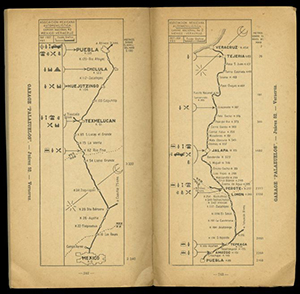 Facing pages with simple, black and white strip maps between Mexican cities with North mostly in the upper right.