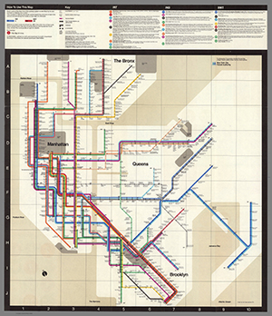 Diagrammatic map of the Manhattan and New York Subway systems with lines in bold colors.