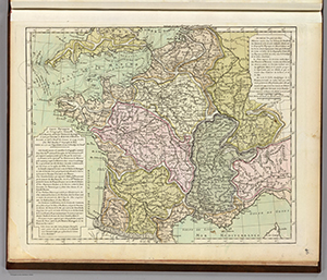 Hand-colored map of France and the English Channel with contour lines in the water showing depths.