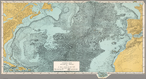 Large map of the Atlantic ocean in deep blue with jagged ocean surface topography shown in exaggerated relief.
