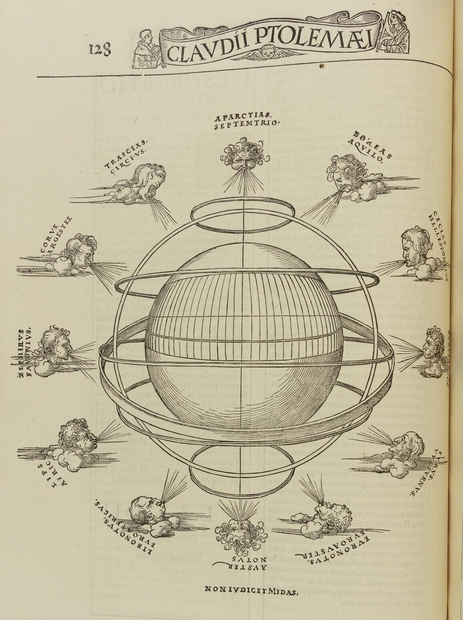A page from an atlas showing a map of the world without any geographic content surrounded by faces blowing winds from different directions.