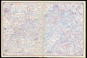 Two-page spread from the Rand McNally Road atlas showing KY and TN in a two-color print.