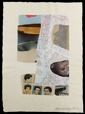 Collage of advertisements for hair products targeted to Black men surrounding an interior collage of road maps.