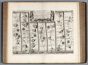 Strip map of a road shown as if on an unfolding scroll of paper.