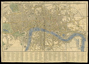 Map of London cut into rectangles and attached to a linen backing. The map has faded and torn in places from use.