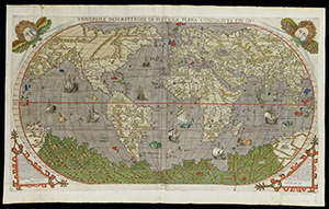 Oval, hand-colored world map with sea monsters and a large, green expansive southern continent at the bottom.