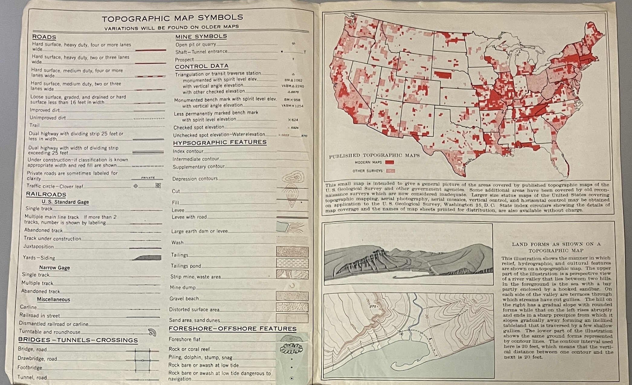 Information broadside about topographic maps by the USGS with a legend that shows the meanings of dozens of types of lines.