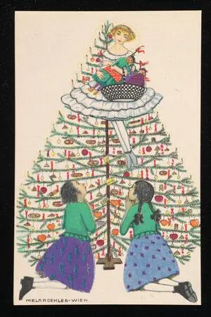 Two girls kneeling by tree