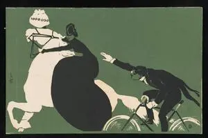 Man on bicycle and woman on horse